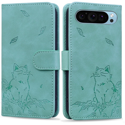 For Google Pixel 9 / 9 Pro Cute Cat Embossed Leather Phone Case(Green) by buy2fix