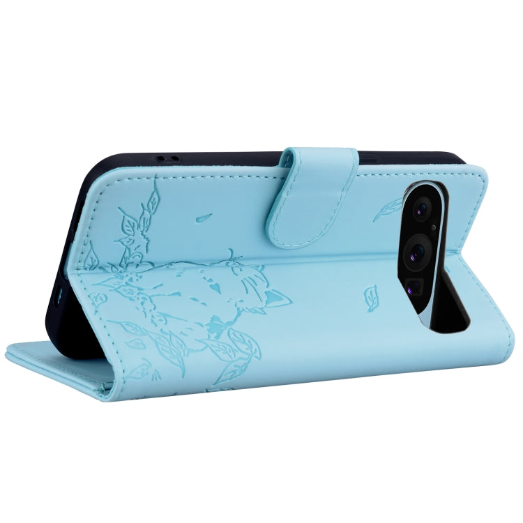 For Google Pixel 9 / 9 Pro Cute Cat Embossed Leather Phone Case(Sky Blue) by buy2fix
