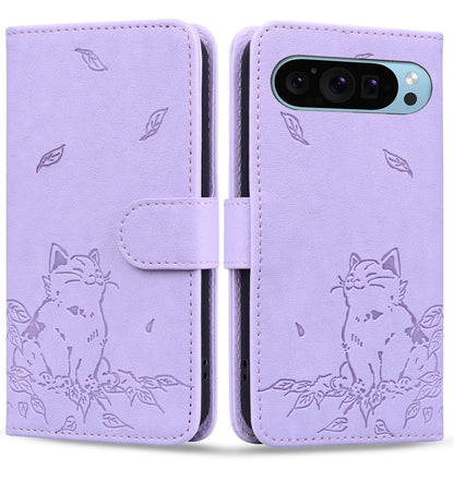 For Google Pixel 9 / 9 Pro Cute Cat Embossed Leather Phone Case(Purple) by buy2fix