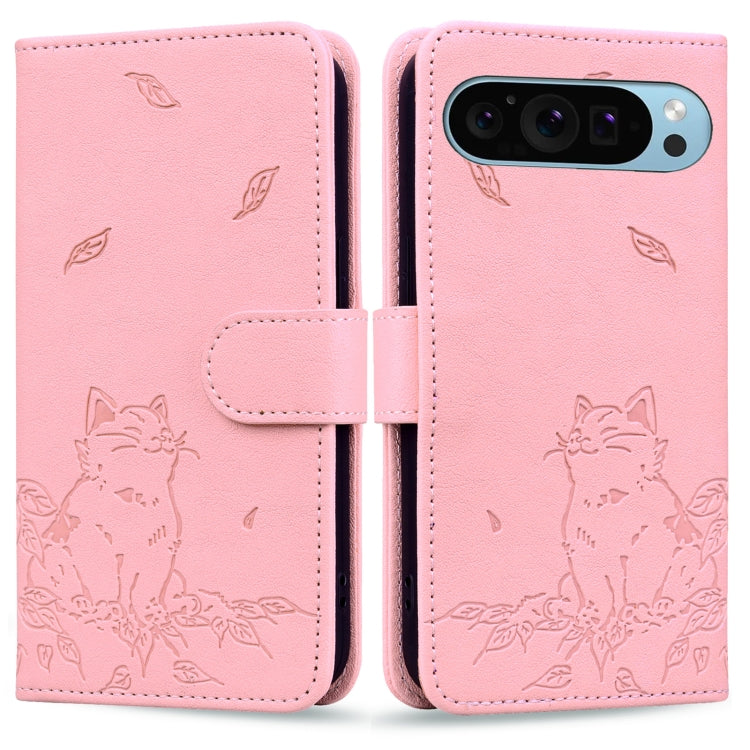 For Google Pixel 9 / 9 Pro Cute Cat Embossed Leather Phone Case(Pink) by buy2fix