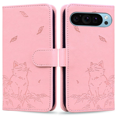 For Google Pixel 9 / 9 Pro Cute Cat Embossed Leather Phone Case(Pink) by buy2fix