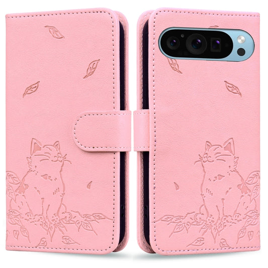 For Google Pixel 9 / 9 Pro Cute Cat Embossed Leather Phone Case(Pink) by buy2fix