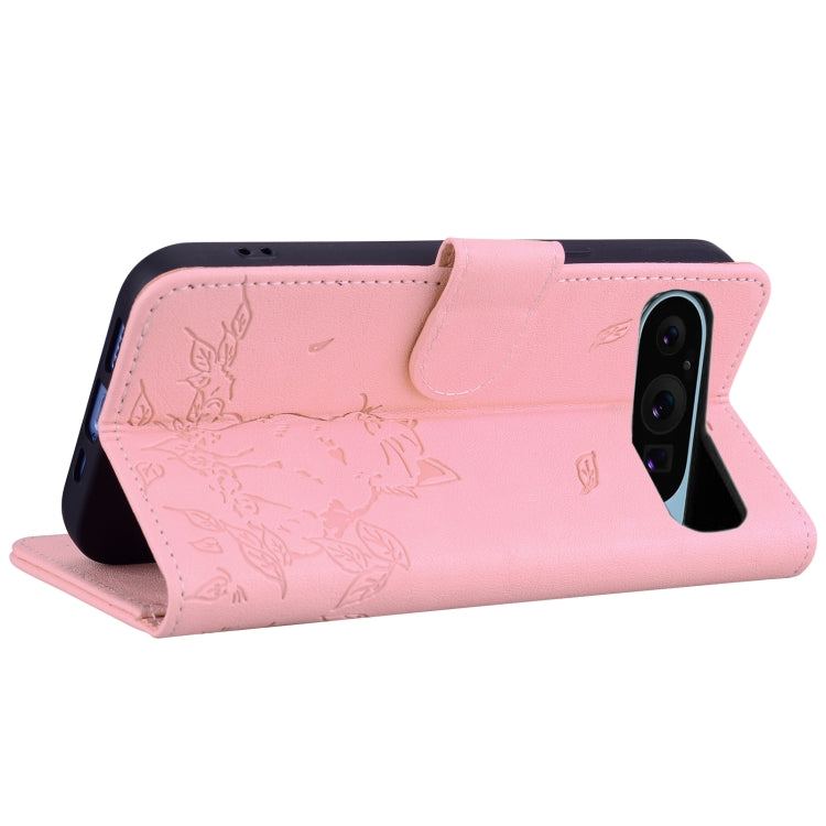 For Google Pixel 9 / 9 Pro Cute Cat Embossed Leather Phone Case(Pink) by buy2fix