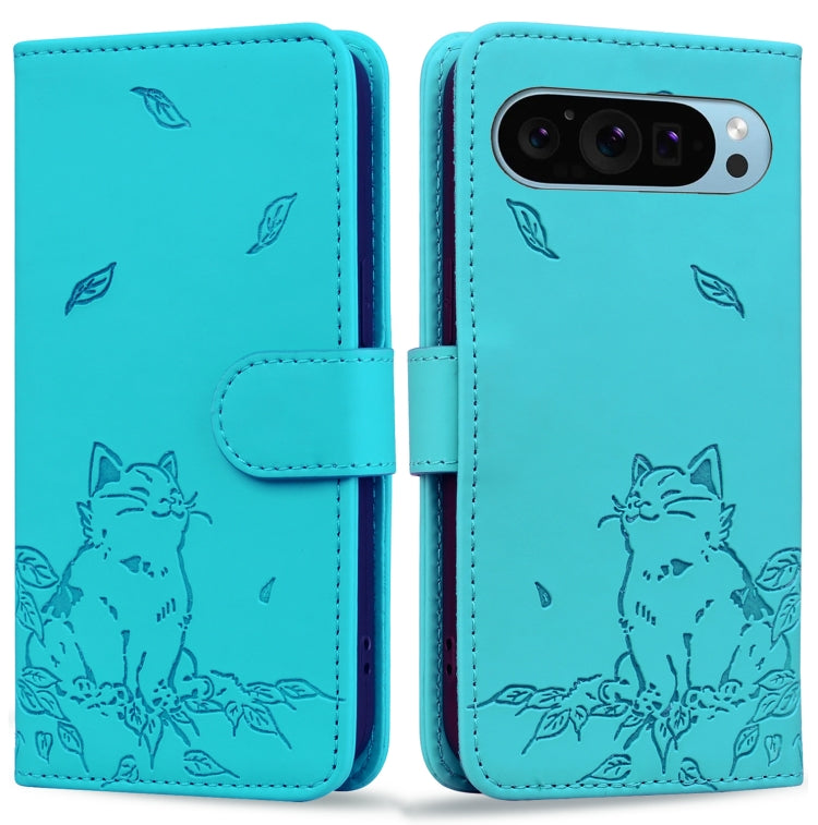 For Google Pixel 9 / 9 Pro Cute Cat Embossed Leather Phone Case(Lake Blue) by buy2fix