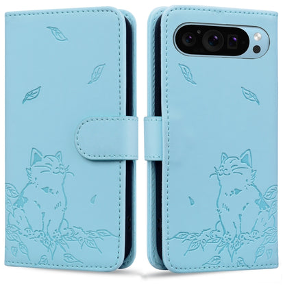 For Google Pixel 9 Pro XL Cute Cat Embossed Leather Phone Case(Sky Blue) by buy2fix