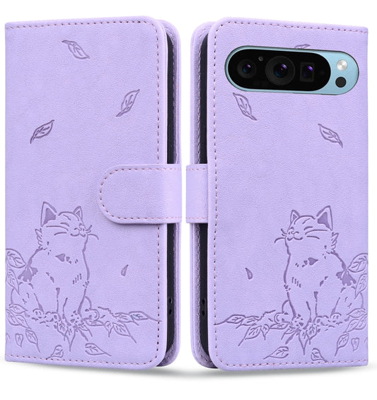 For Google Pixel 9 Pro XL Cute Cat Embossed Leather Phone Case(Purple) by buy2fix