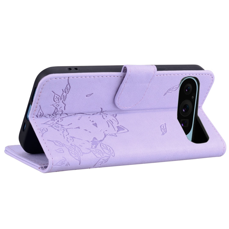 For Google Pixel 9 Pro XL Cute Cat Embossed Leather Phone Case(Purple) by buy2fix