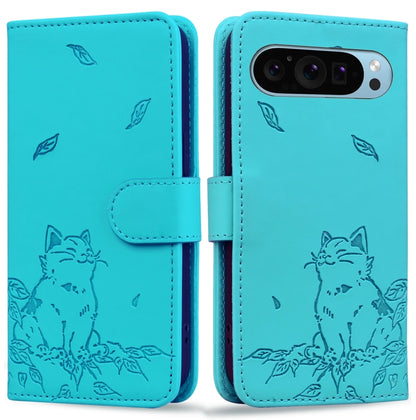 For Google Pixel 9 Pro XL Cute Cat Embossed Leather Phone Case(Lake Blue) by buy2fix