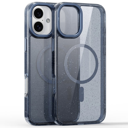 For iPhone 16 Plus Glitter Powder Lens Holder MagSafe Magnetic Phone Case(Transparent Titanium Blue) by buy2fix