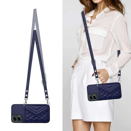 For Motorola Moto G 5G 2024 Rhombic Texture Card Bag RFID Phone Case with Long Lanyard(Blue) by buy2fix