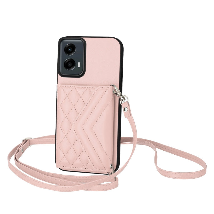For Motorola Moto G 5G 2024 Rhombic Texture Card Bag RFID Phone Case with Long Lanyard(Rose Gold) by buy2fix