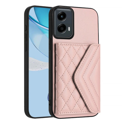 For Motorola Moto G 5G 2024 Rhombic Texture Card Bag RFID Phone Case with Long Lanyard(Rose Gold) by buy2fix