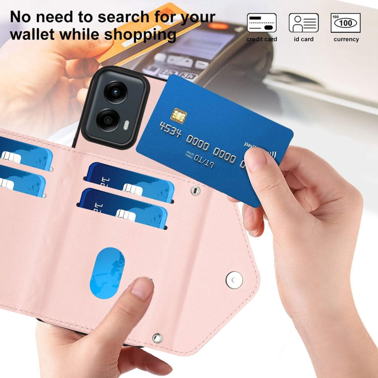 For Motorola Moto G 5G 2024 Rhombic Texture Card Bag RFID Phone Case with Long Lanyard(Rose Gold) by buy2fix