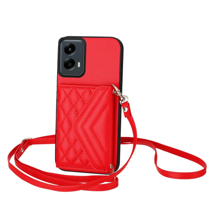 For Motorola Moto G 5G 2024 Rhombic Texture Card Bag RFID Phone Case with Long Lanyard(Red) by buy2fix