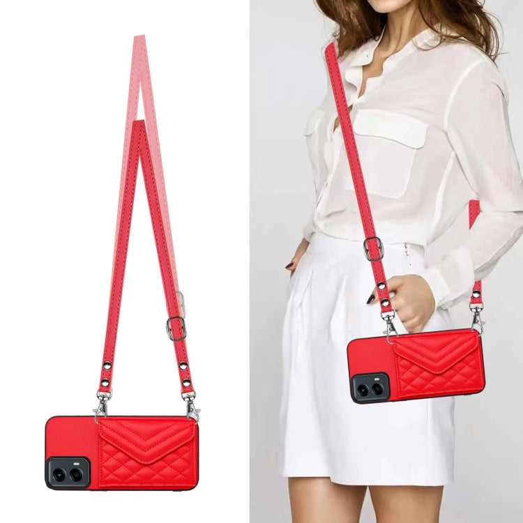For Motorola Moto G 5G 2024 Rhombic Texture Card Bag RFID Phone Case with Long Lanyard(Red) by buy2fix