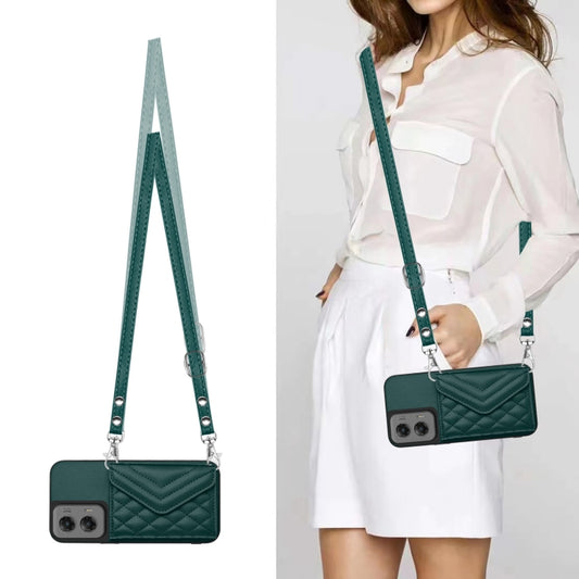 For Motorola Moto G Stylus 5G 2024 Rhombic Texture Card Bag RFID Phone Case with Long Lanyard(Green) by buy2fix