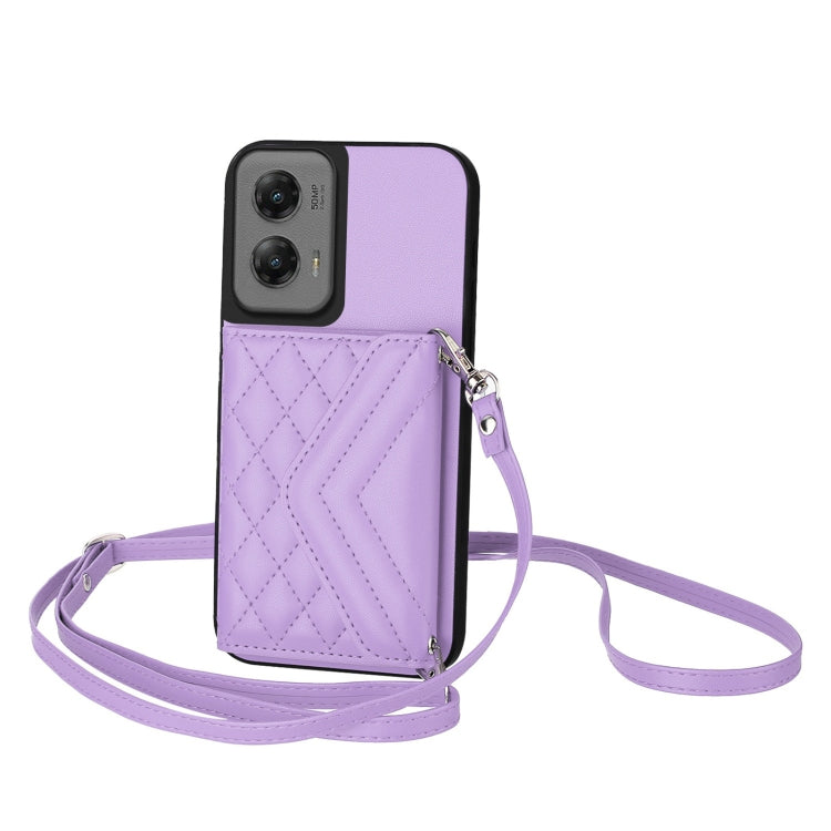 For Motorola Moto G Stylus 5G 2024 Rhombic Texture Card Bag RFID Phone Case with Long Lanyard(Light Purple) by buy2fix
