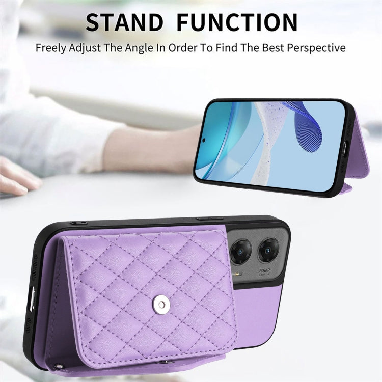 For Motorola Moto G Stylus 5G 2024 Rhombic Texture Card Bag RFID Phone Case with Long Lanyard(Light Purple) by buy2fix