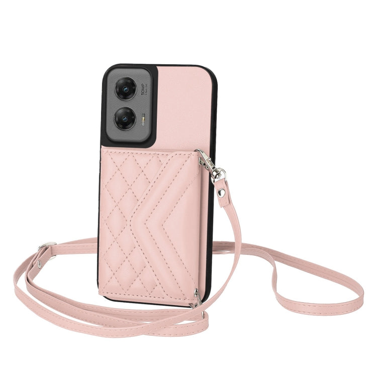 For Motorola Moto G Stylus 5G 2024 Rhombic Texture Card Bag RFID Phone Case with Long Lanyard(Rose Gold) by buy2fix