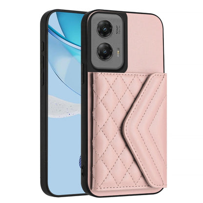 For Motorola Moto G Stylus 5G 2024 Rhombic Texture Card Bag RFID Phone Case with Long Lanyard(Rose Gold) by buy2fix