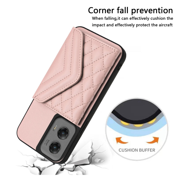 For Motorola Moto G Stylus 5G 2024 Rhombic Texture Card Bag RFID Phone Case with Long Lanyard(Rose Gold) by buy2fix
