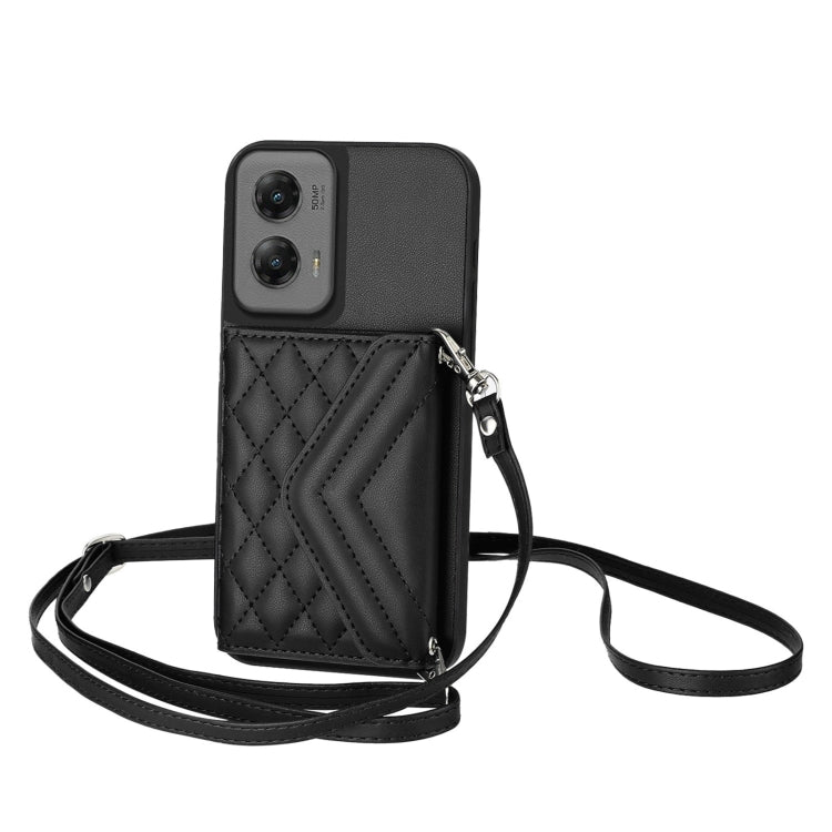 For Motorola Moto G Stylus 5G 2024 Rhombic Texture Card Bag RFID Phone Case with Long Lanyard(Black) by buy2fix