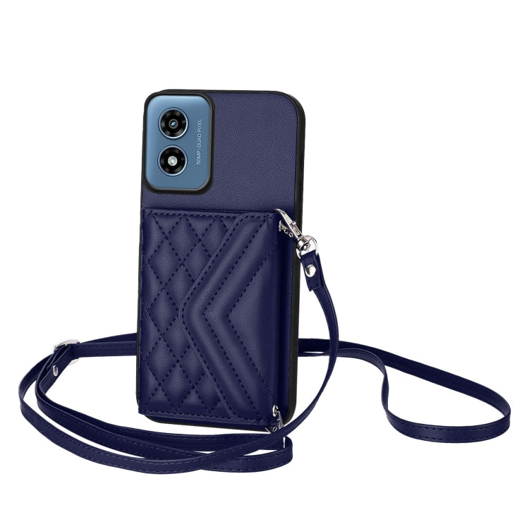 For Motorola Moto G Play 2024 5G Rhombic Texture Card Bag RFID Phone Case with Long Lanyard(Blue) by buy2fix
