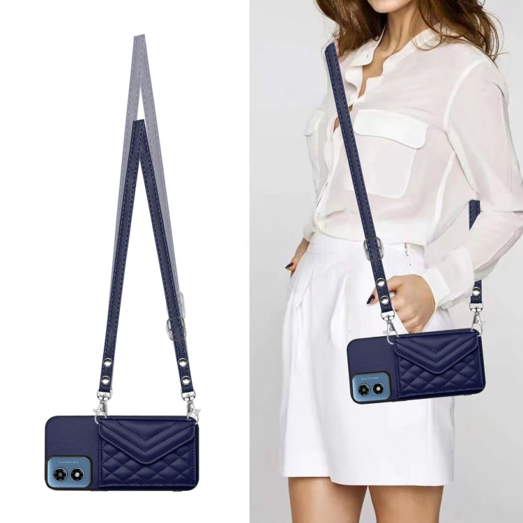 For Motorola Moto G Play 2024 5G Rhombic Texture Card Bag RFID Phone Case with Long Lanyard(Blue) by buy2fix