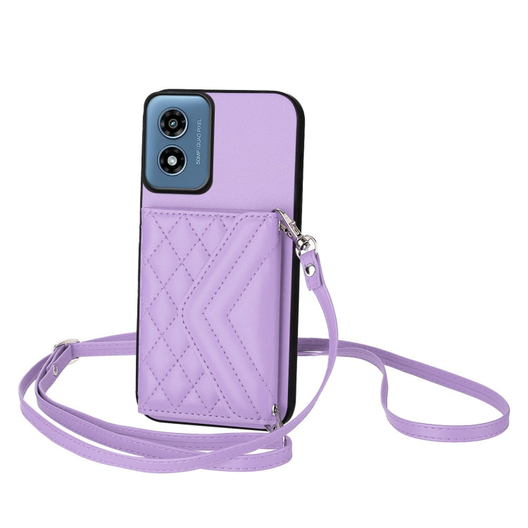 For Motorola Moto G Play 2024 5G Rhombic Texture Card Bag RFID Phone Case with Long Lanyard(Light Purple) by buy2fix