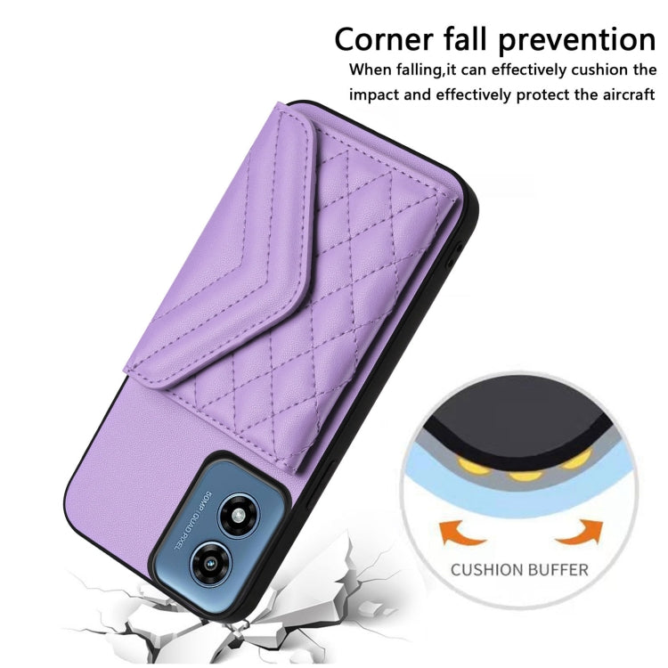 For Motorola Moto G Play 2024 5G Rhombic Texture Card Bag RFID Phone Case with Long Lanyard(Light Purple) by buy2fix