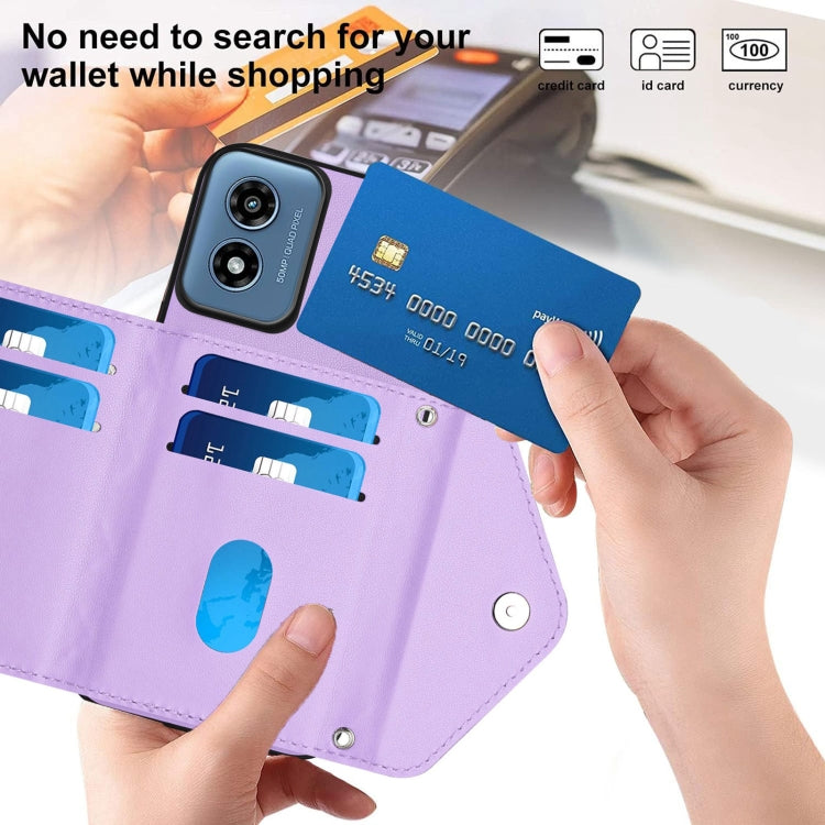For Motorola Moto G Play 2024 5G Rhombic Texture Card Bag RFID Phone Case with Long Lanyard(Light Purple) by buy2fix