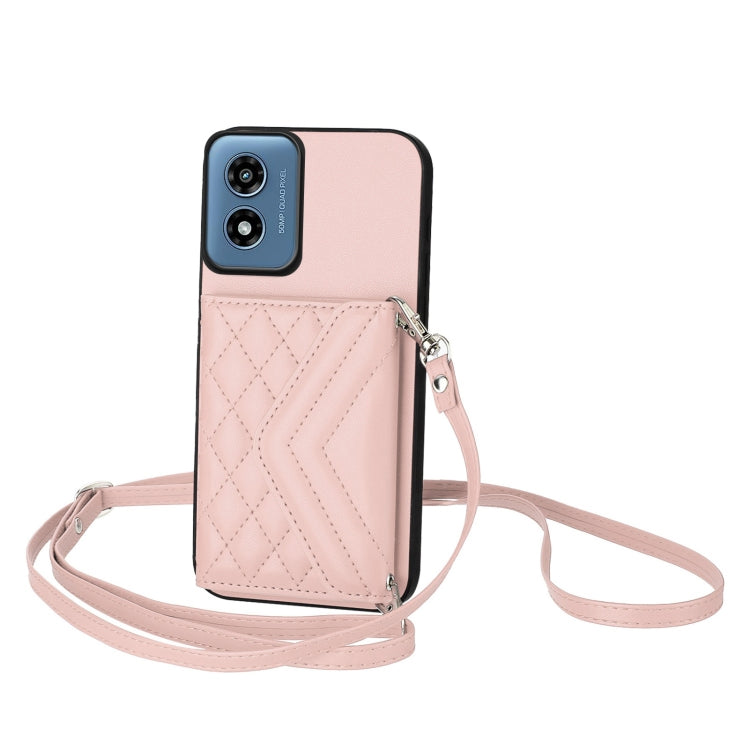 For Motorola Moto G Play 2024 5G Rhombic Texture Card Bag RFID Phone Case with Long Lanyard(Rose Gold) by buy2fix