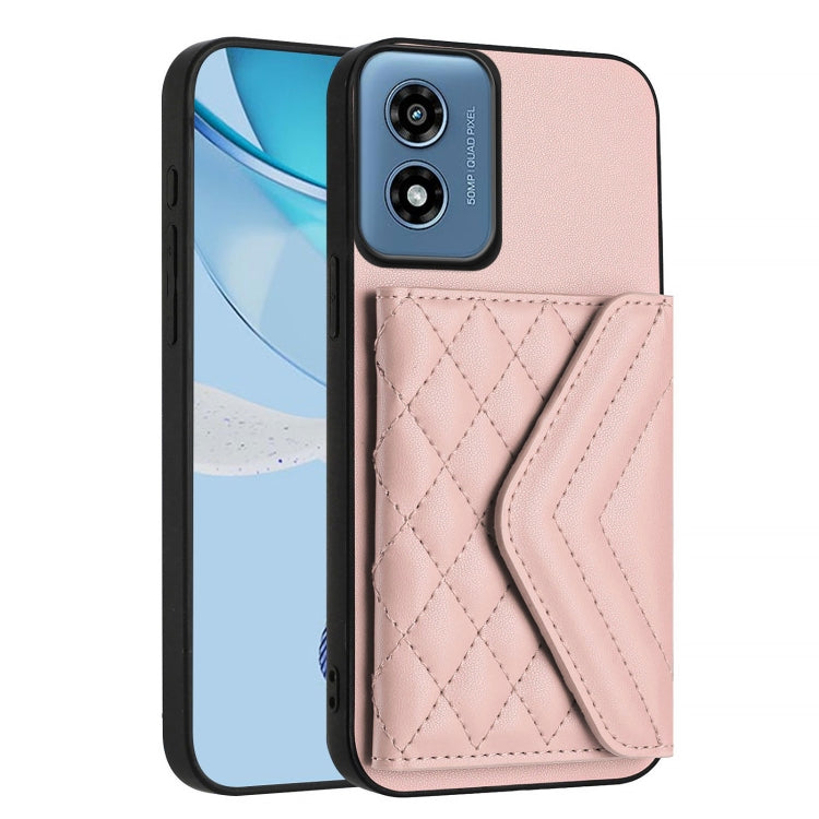 For Motorola Moto G Play 2024 5G Rhombic Texture Card Bag RFID Phone Case with Long Lanyard(Rose Gold) by buy2fix