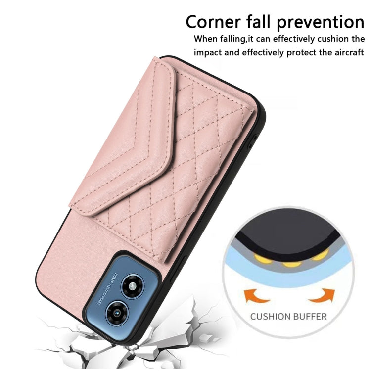 For Motorola Moto G Play 2024 5G Rhombic Texture Card Bag RFID Phone Case with Long Lanyard(Rose Gold) by buy2fix