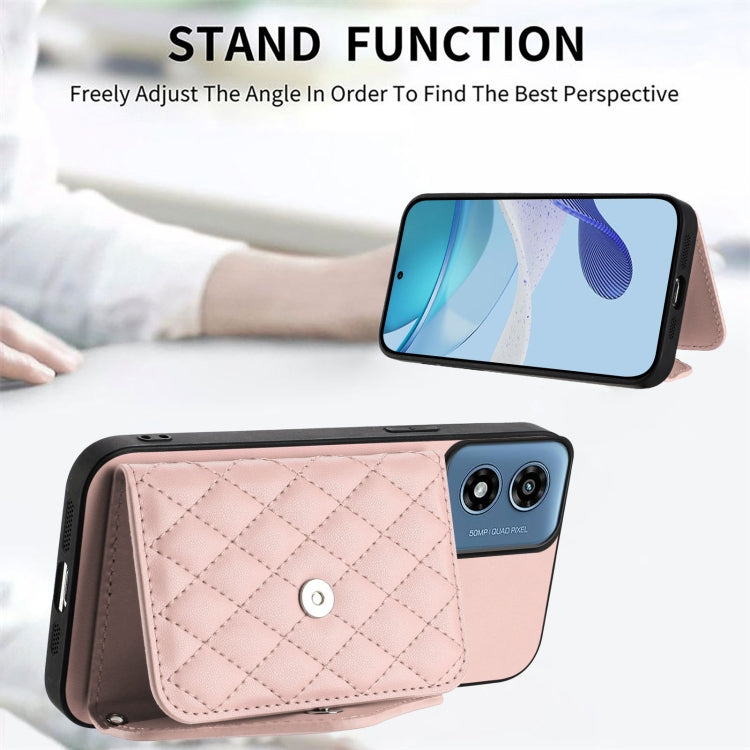 For Motorola Moto G Play 2024 5G Rhombic Texture Card Bag RFID Phone Case with Long Lanyard(Rose Gold) by buy2fix