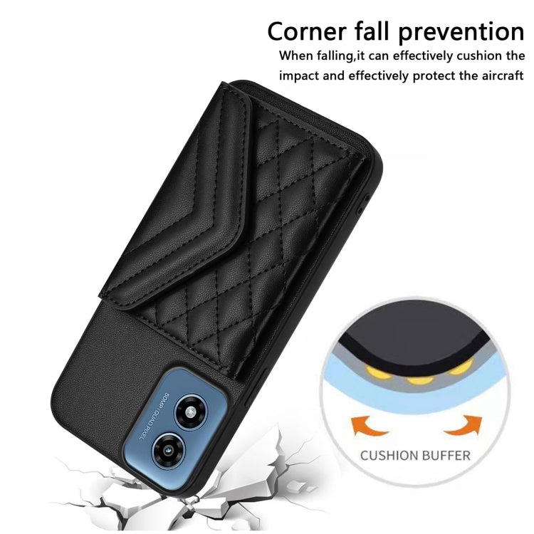 For Motorola Moto G Play 2024 5G Rhombic Texture Card Bag RFID Phone Case with Long Lanyard(Black) by buy2fix