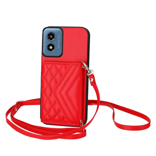 For Motorola Moto G Play 2024 5G Rhombic Texture Card Bag RFID Phone Case with Long Lanyard(Red) by buy2fix