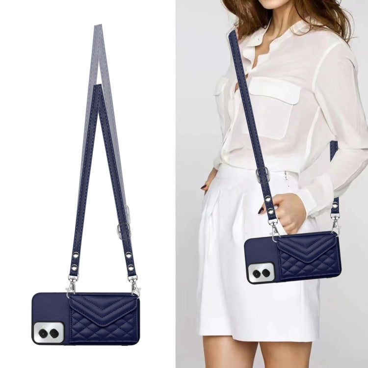 For Motorola Moto G Power 2024 5G Rhombic Texture Card Bag RFID Phone Case with Long Lanyard(Blue) by buy2fix