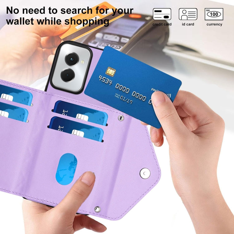 For Motorola Moto G Power 2024 5G Rhombic Texture Card Bag RFID Phone Case with Long Lanyard(Light Purple) by buy2fix