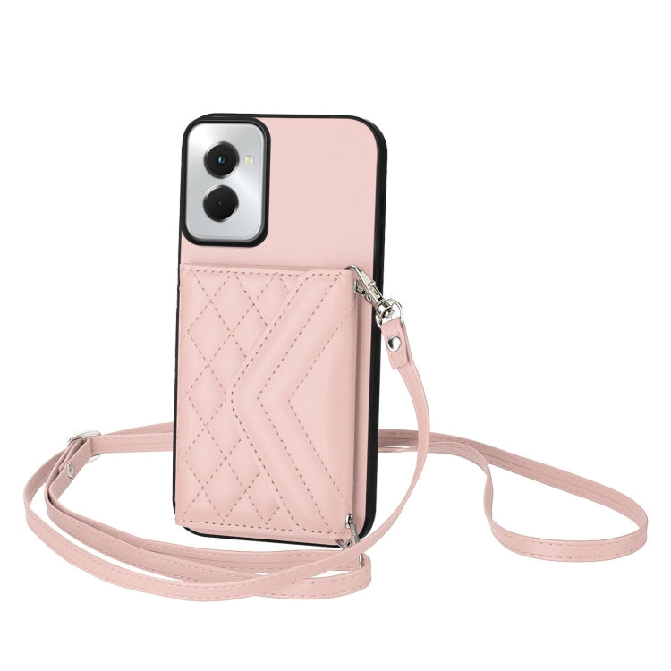 For Motorola Moto G Power 2024 5G Rhombic Texture Card Bag RFID Phone Case with Long Lanyard(Rose Gold) by buy2fix