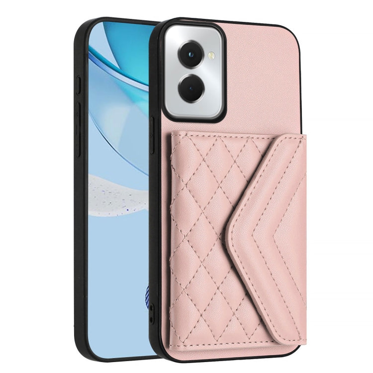 For Motorola Moto G Power 2024 5G Rhombic Texture Card Bag RFID Phone Case with Long Lanyard(Rose Gold) by buy2fix