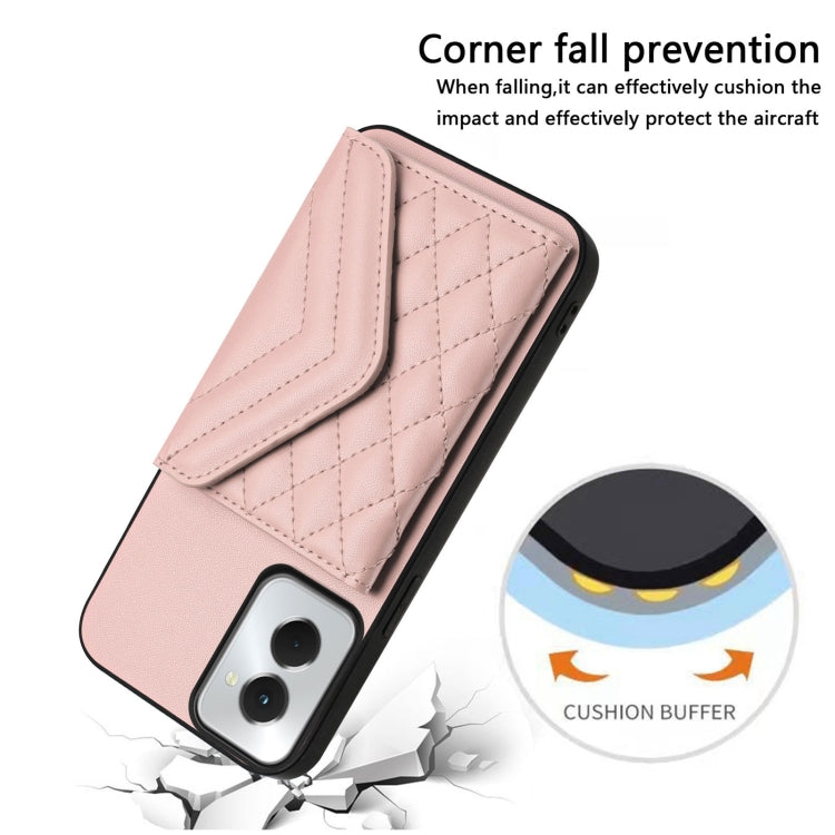For Motorola Moto G Power 2024 5G Rhombic Texture Card Bag RFID Phone Case with Long Lanyard(Rose Gold) by buy2fix