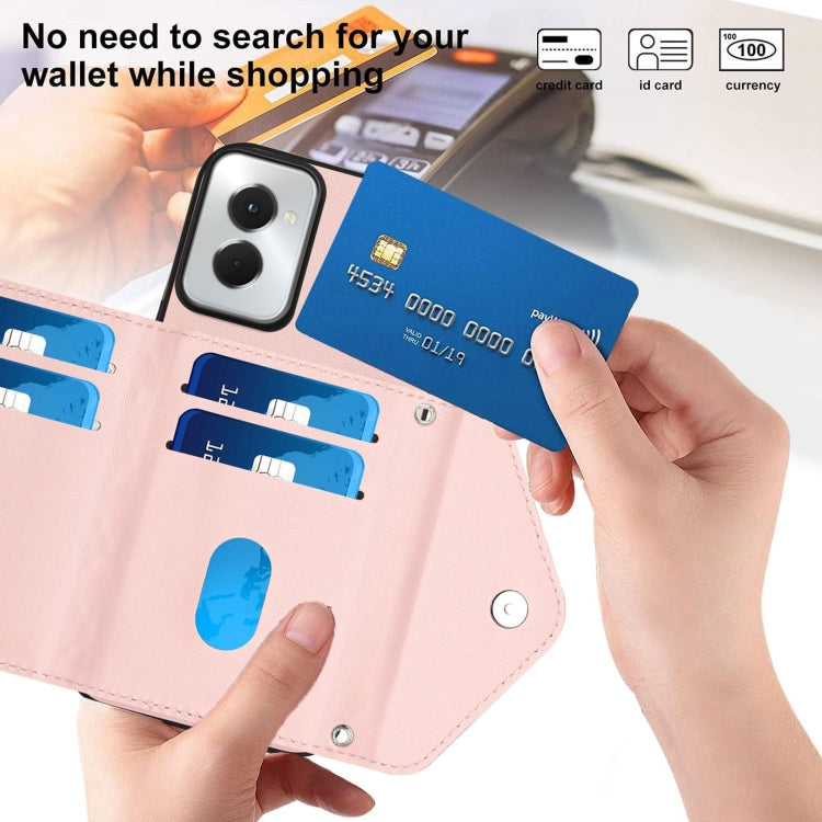 For Motorola Moto G Power 2024 5G Rhombic Texture Card Bag RFID Phone Case with Long Lanyard(Rose Gold) by buy2fix