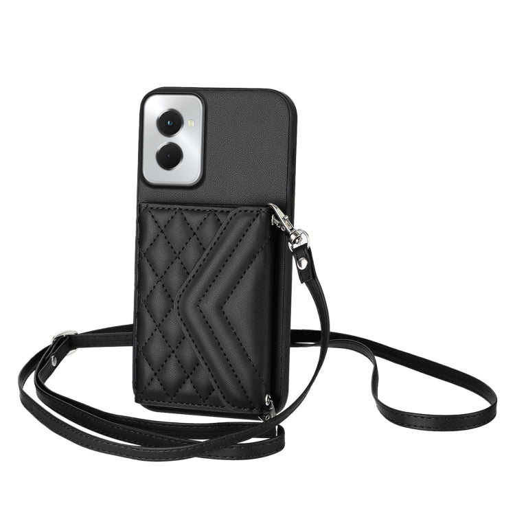 For Motorola Moto G Power 2024 5G Rhombic Texture Card Bag RFID Phone Case with Long Lanyard(Black) by buy2fix