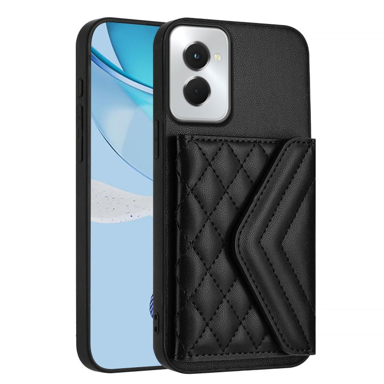 For Motorola Moto G Power 2024 5G Rhombic Texture Card Bag RFID Phone Case with Long Lanyard(Black) by buy2fix