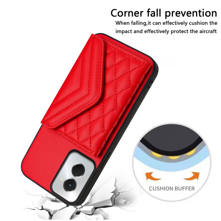 For Motorola Moto G Power 2024 5G Rhombic Texture Card Bag RFID Phone Case with Long Lanyard(Red) by buy2fix
