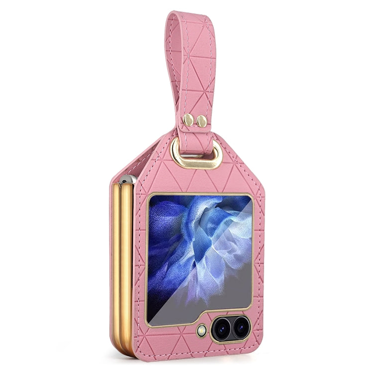 For Samsung Galaxy Z Flip5 Electroplating PC Hybrid PU Leather Phone Case with Wristband(Pink) - Galaxy Z Flip5 Cases by buy2fix | Online Shopping UK | buy2fix