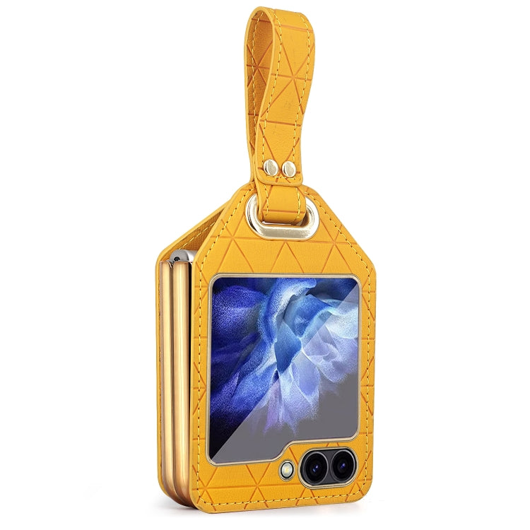 For Samsung Galaxy Z Flip5 Electroplating PC Hybrid PU Leather Phone Case with Wristband(Yellow) - Galaxy Z Flip5 Cases by buy2fix | Online Shopping UK | buy2fix