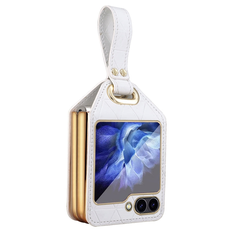 For Samsung Galaxy Z Flip5 Electroplating PC Hybrid PU Leather Phone Case with Wristband(White) - Galaxy Z Flip5 Cases by buy2fix | Online Shopping UK | buy2fix