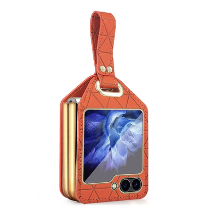 For Samsung Galaxy Z Flip5 Electroplating PC Hybrid PU Leather Phone Case with Wristband(Orange) - Galaxy Z Flip5 Cases by buy2fix | Online Shopping UK | buy2fix